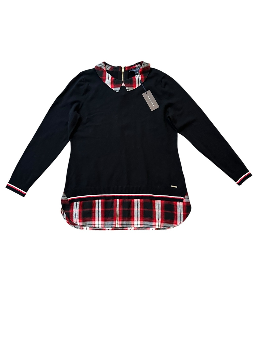 TOMMY HILFIGER “Twofer” black sweater w/attached blouse hem & collar Large - NWT